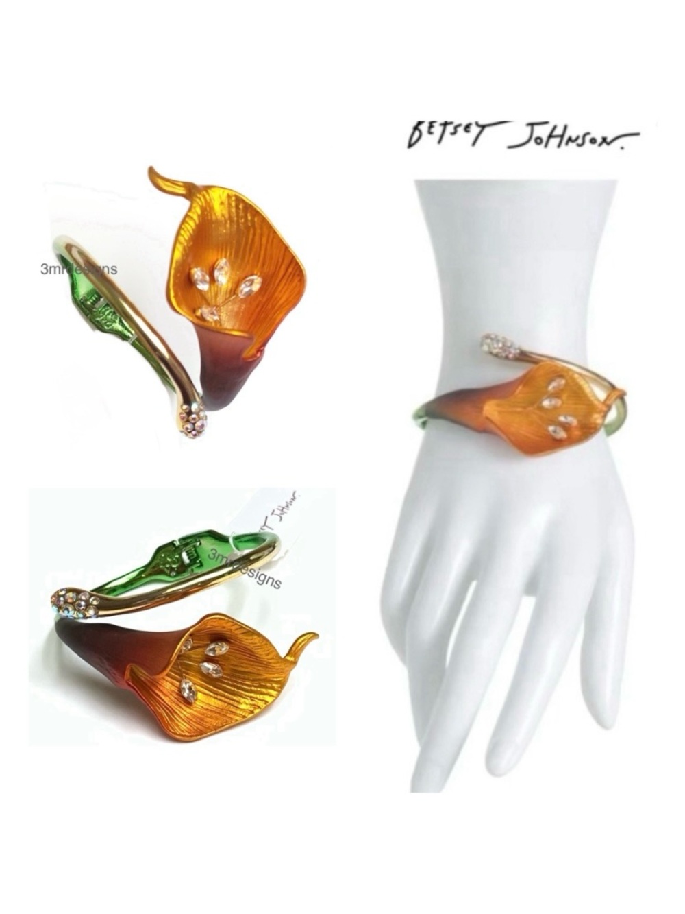 NWT Betsey Johnson 💋CALLA LILY Gold Tone Stones Metallic Orange Ombré Hinge Brac